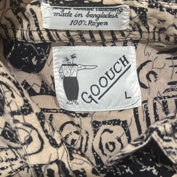 Goouch Vintage 90s Abstract Button Up Long Sleeve Shirt Beige Black Rayon Large - Picture 3 of 5